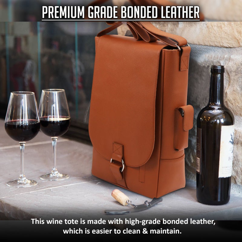 Primeware Vino2 Two Bottles Saddle Leather Wine Tote Messenger Carrier (Brown) - Image 5